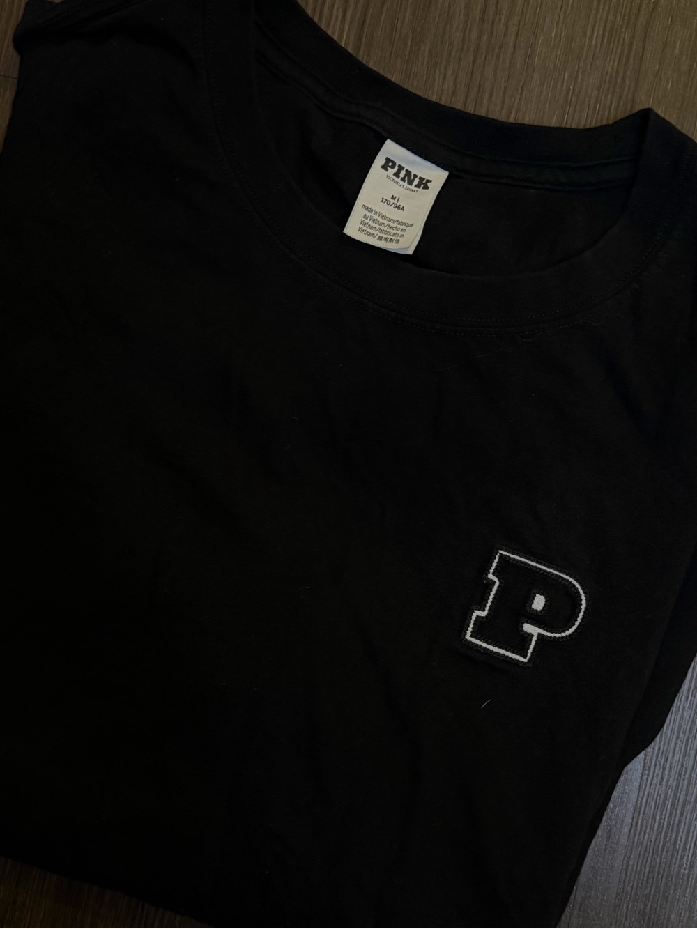 PINK Victoria's Secret Black Short-Sleeve Crewneck Tee with Embroidered P